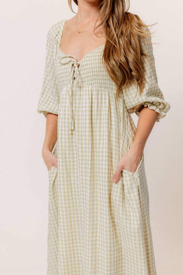 Cecilia 100% Cotton Smocked Maxi Dress in Green Haze Plaid (Lined) - Bump Friendly