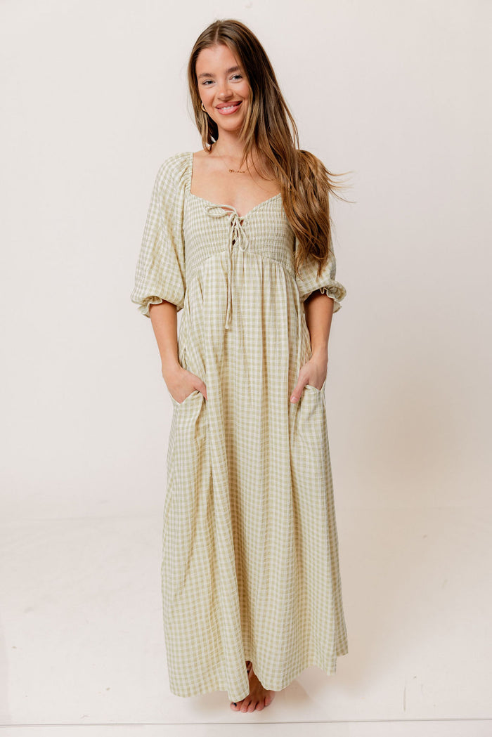 Cecilia 100% Cotton Smocked Maxi Dress in Green Haze Plaid (Lined) - Bump Friendly