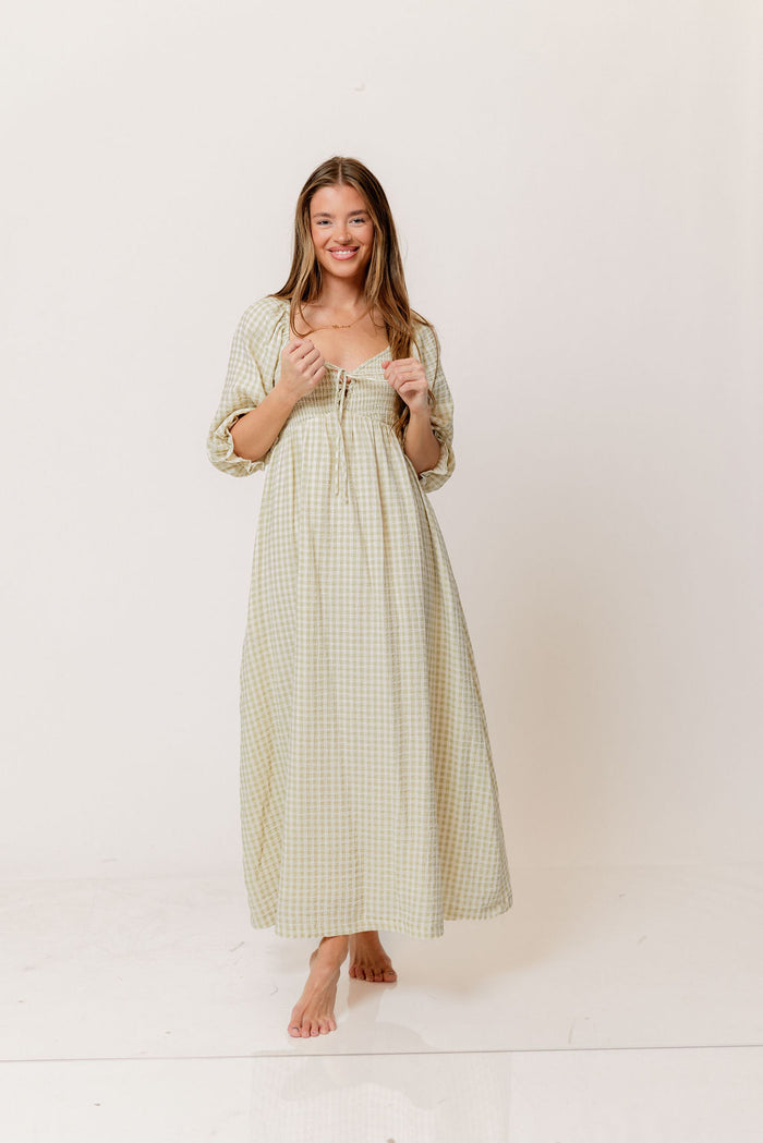 Cecilia 100% Cotton Smocked Maxi Dress in Green Haze Plaid (Lined) - Bump Friendly