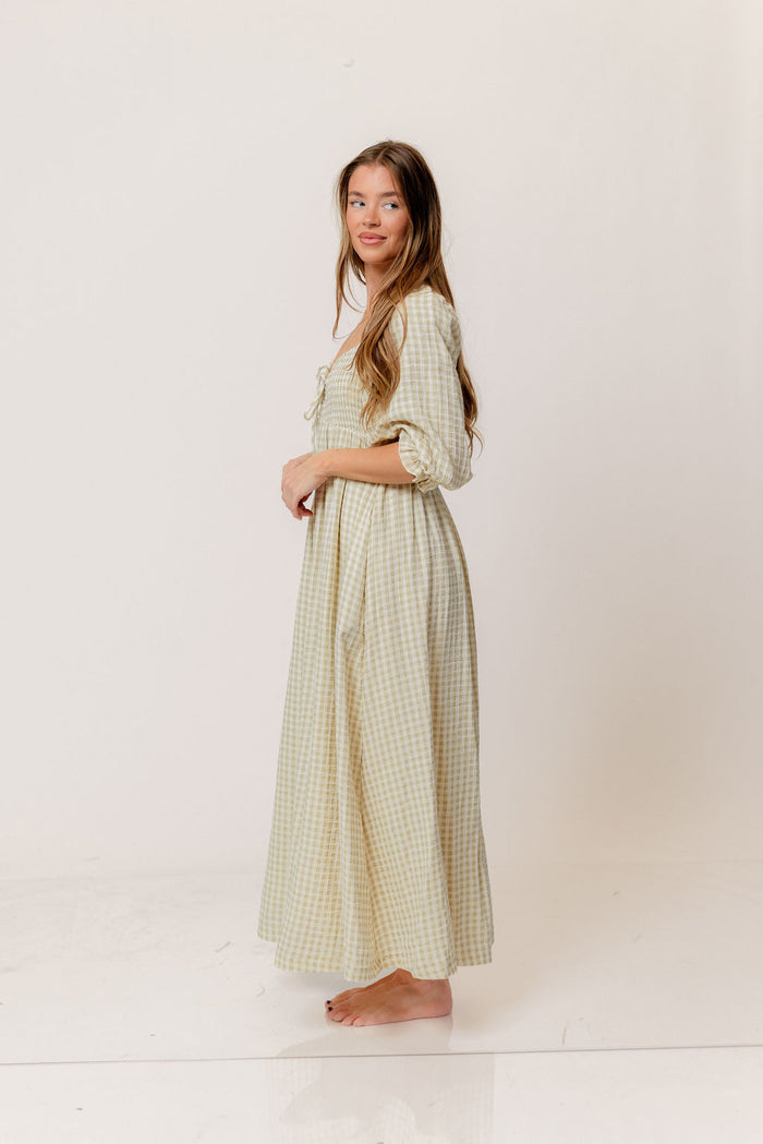 Cecilia 100% Cotton Smocked Maxi Dress in Green Haze Plaid (Lined) - Bump Friendly