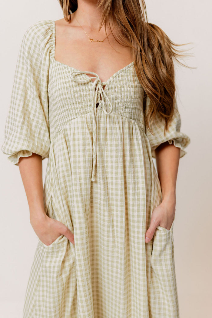 Cecilia 100% Cotton Smocked Maxi Dress in Green Haze Plaid (Lined) - Bump Friendly