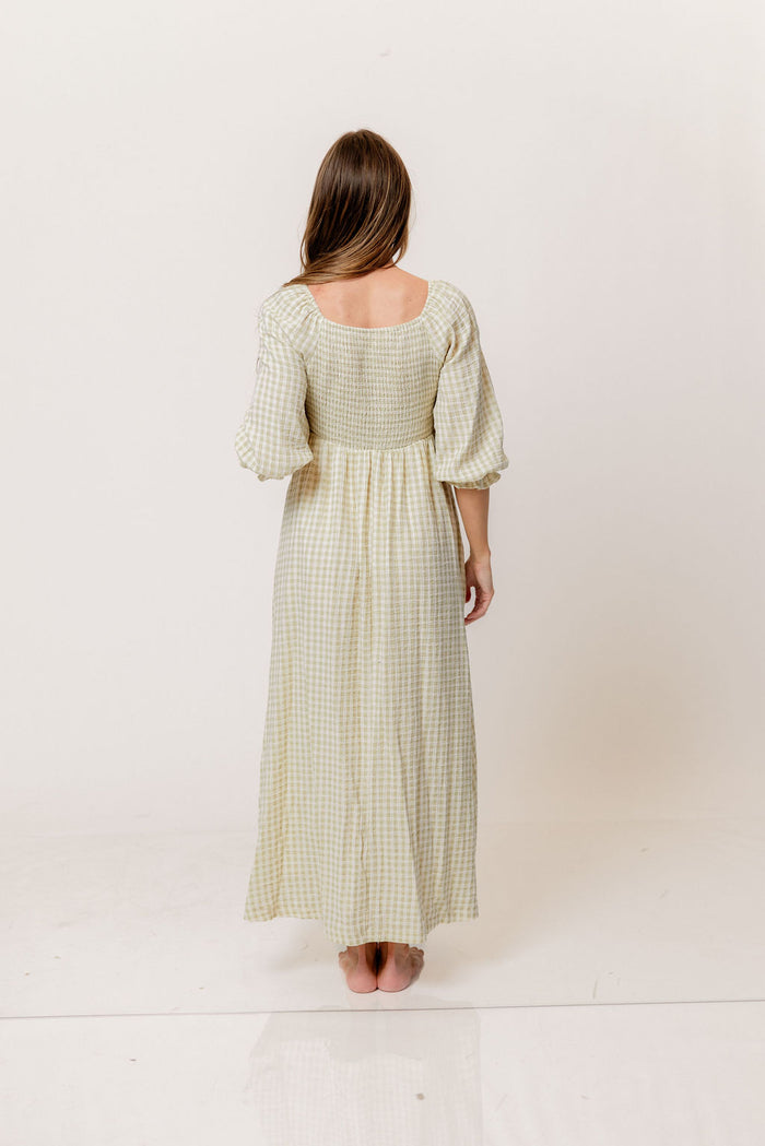 Cecilia 100% Cotton Smocked Maxi Dress in Green Haze Plaid (Lined) - Bump Friendly