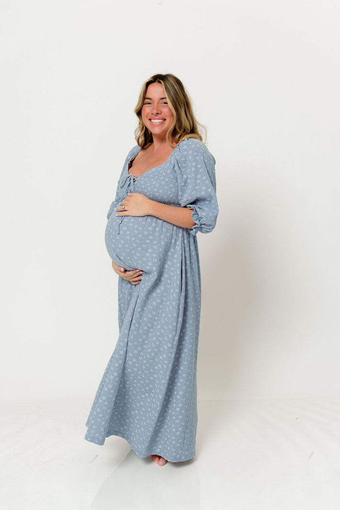 Cecilia 100% Cotton Smocked Maxi Dress in Light Indigo Foliage - Bump Friendly