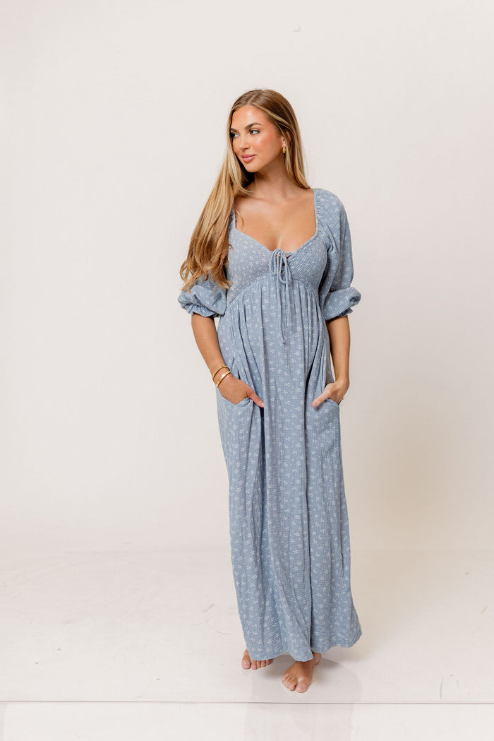 Cecilia 100% Cotton Smocked Maxi Dress in Light Indigo Foliage - Bump Friendly