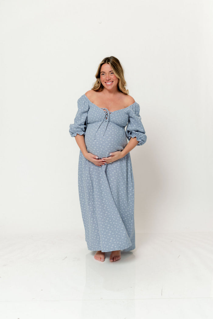 Cecilia 100% Cotton Smocked Maxi Dress in Light Indigo Foliage - Bump Friendly