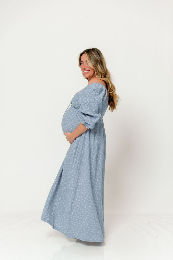 Cecilia 100% Cotton Smocked Maxi Dress in Light Indigo Foliage - Bump Friendly