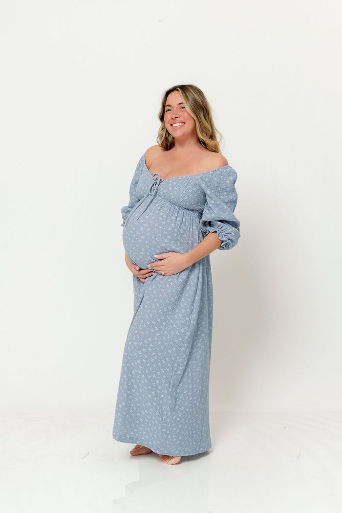 Cecilia 100% Cotton Smocked Maxi Dress in Light Indigo Foliage - Bump Friendly