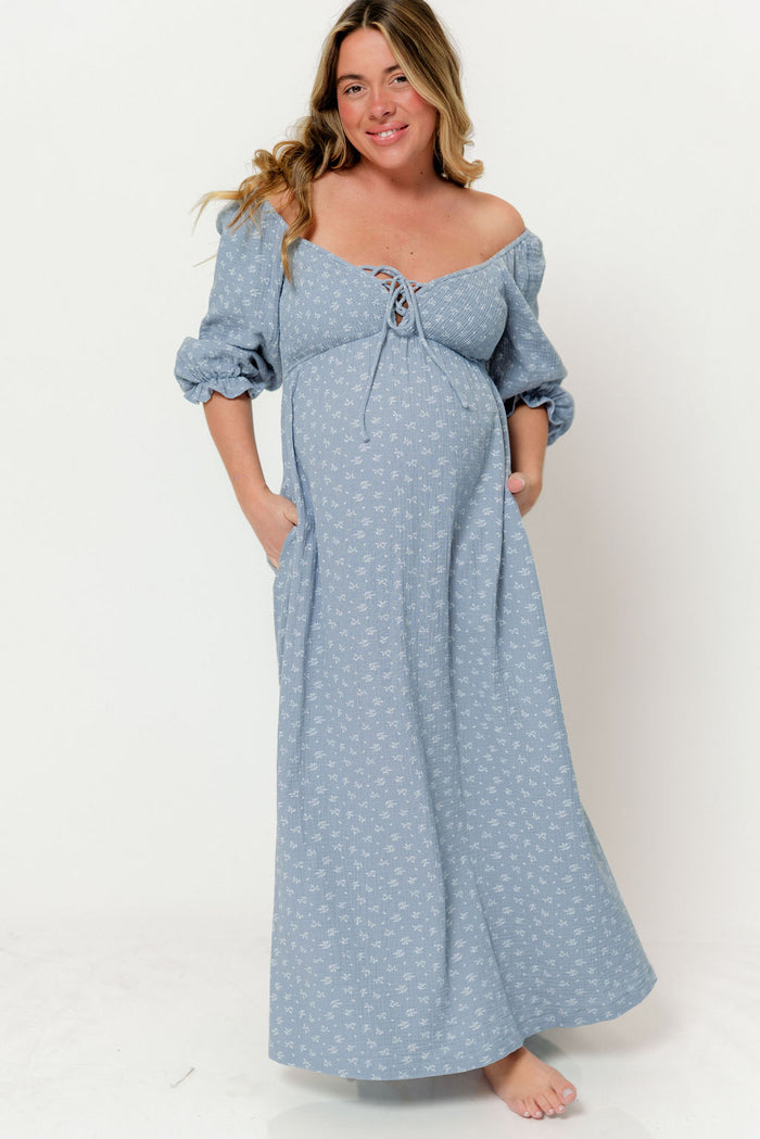 Cecilia 100% Cotton Smocked Maxi Dress in Light Indigo Foliage - Bump Friendly