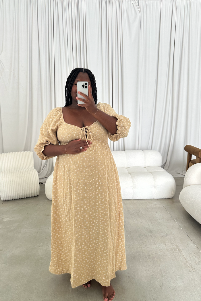 Cecilia 100% Cotton Smocked Maxi Dress in Muted Gold Foliage - Bump Friendly