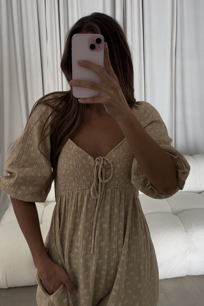 Cecilia 100% Cotton Smocked Maxi Dress in Muted Gold Foliage - Bump Friendly