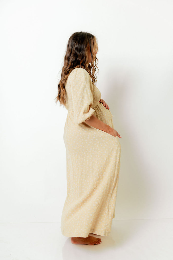 Cecilia 100% Cotton Smocked Maxi Dress in Muted Gold Foliage - Bump Friendly