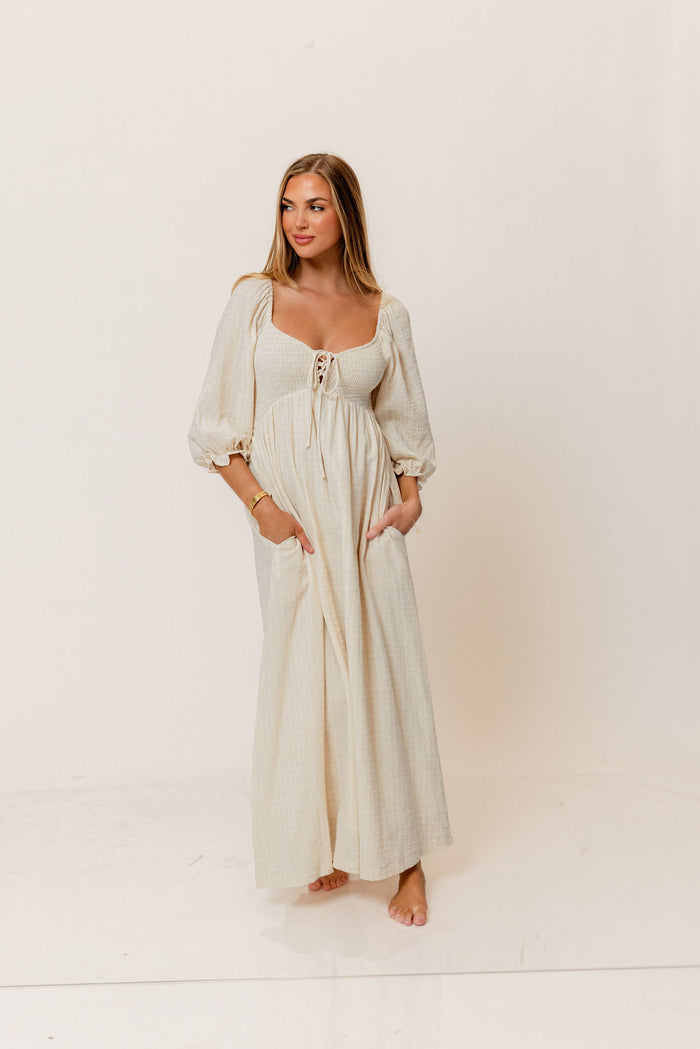 Cecilia 100% Cotton Smocked Maxi Dress in Muted Pale Pink Plaid (Lined) - Bump Friendly