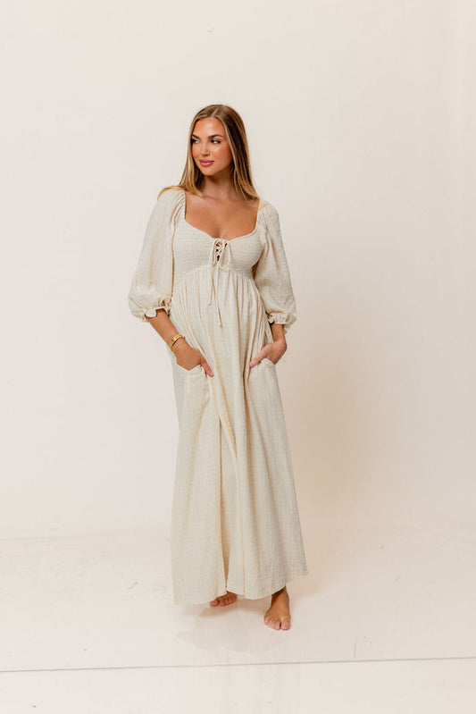 Cecilia 100% Cotton Smocked Maxi Dress in Muted Pale Pink Plaid (Lined) - Bump Friendly