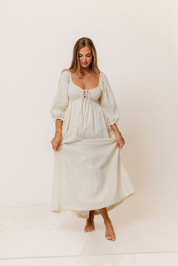 Cecilia 100% Cotton Smocked Maxi Dress in Muted Pale Pink Plaid (Lined) - Bump Friendly