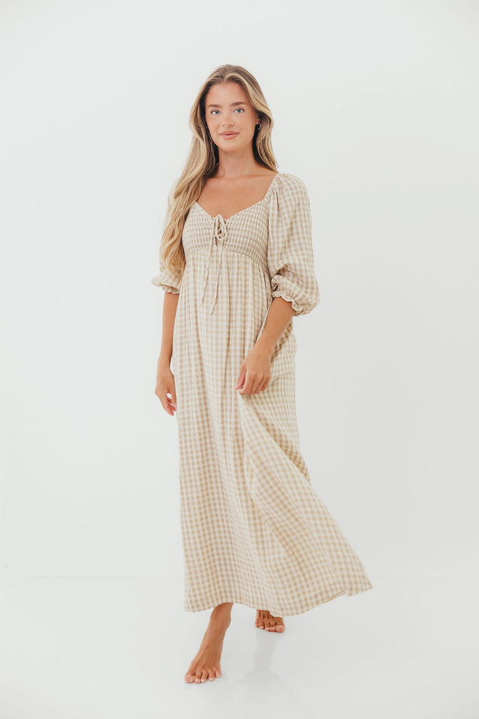 Cecilia 100% Cotton Smocked Maxi Dress in Natural Plaid (Lined) - Bump Friendly & Inclusive Sizing *8/28 PRE-ORDER*