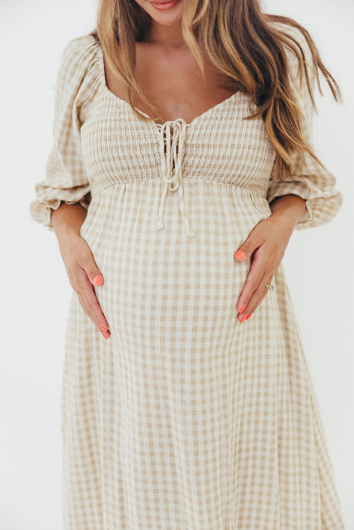 Cecilia 100% Cotton Smocked Maxi Dress in Natural Plaid (Lined) - Bump Friendly & Inclusive Sizing *8/28 PRE-ORDER*