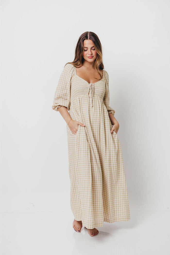 Cecilia 100% Cotton Smocked Maxi Dress in Natural Plaid (Lined) - Bump Friendly & Inclusive Sizing *8/28 PRE-ORDER*