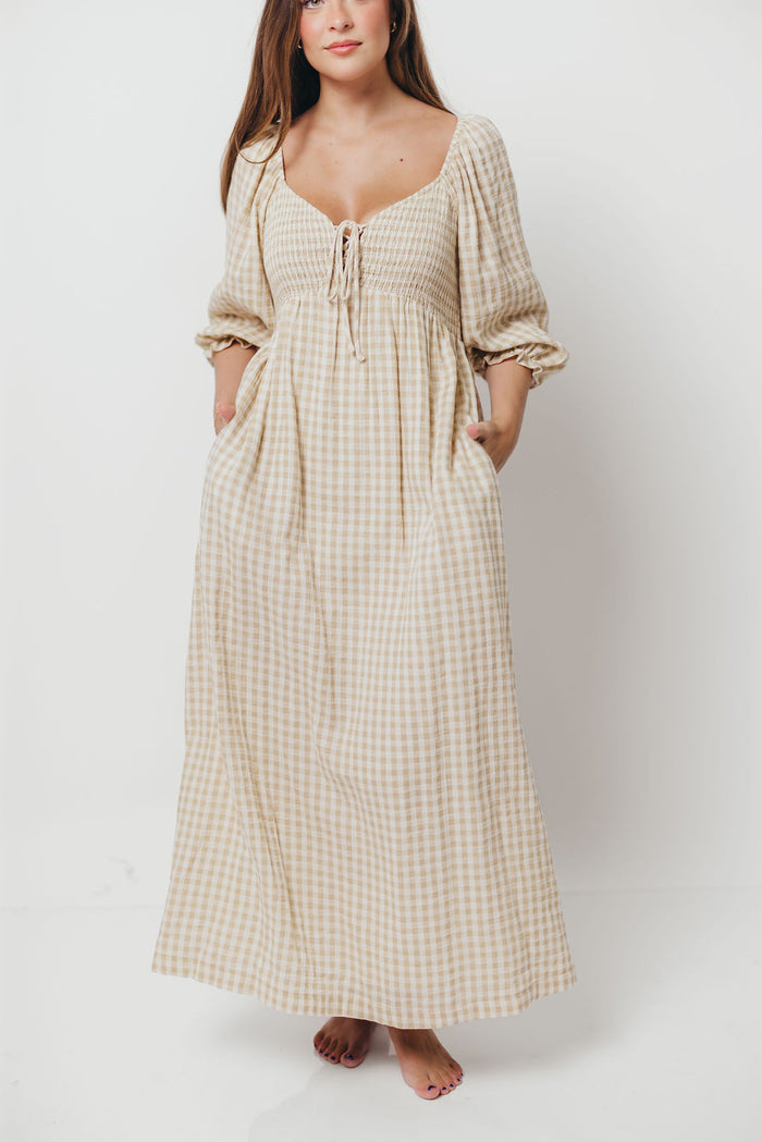 Cecilia 100% Cotton Smocked Maxi Dress in Natural Plaid (Lined) - Bump Friendly & Inclusive Sizing *8/28 PRE-ORDER*