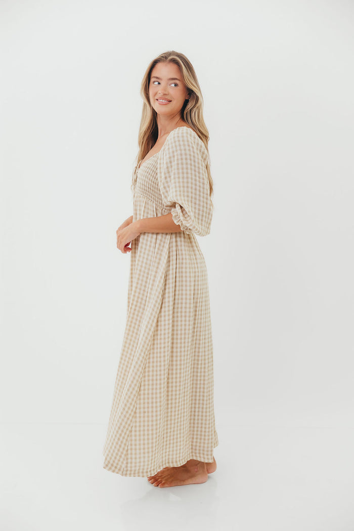 Cecilia 100% Cotton Smocked Maxi Dress in Natural Plaid (Lined) - Bump Friendly & Inclusive Sizing *8/28 PRE-ORDER*