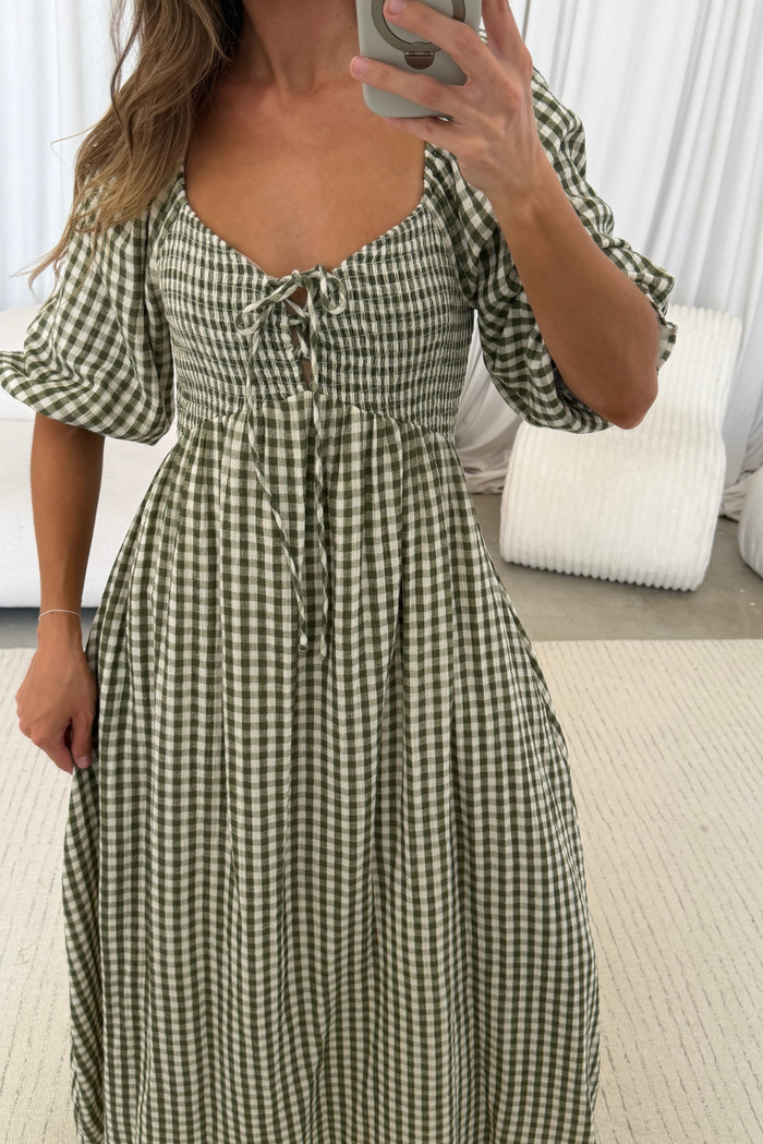 Cecilia 100% Cotton Smocked Maxi Dress in Olive Green Plaid - Bump Friendly *8/28 PRE-ORDER*