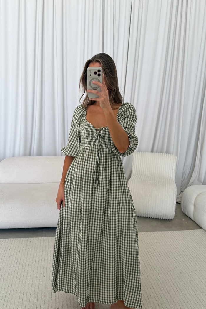 Cecilia 100% Cotton Smocked Maxi Dress in Olive Green Plaid - Bump Friendly *8/28 PRE-ORDER*
