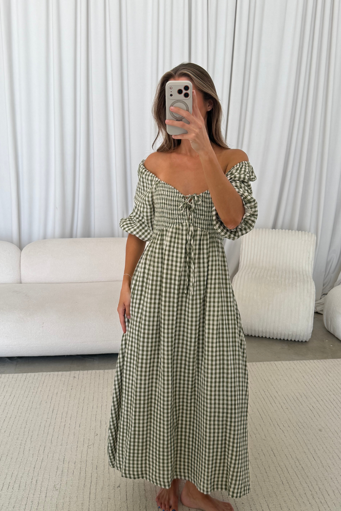 Cecilia 100% Cotton Smocked Maxi Dress in Olive Green Plaid - Bump Friendly *8/28 PRE-ORDER*