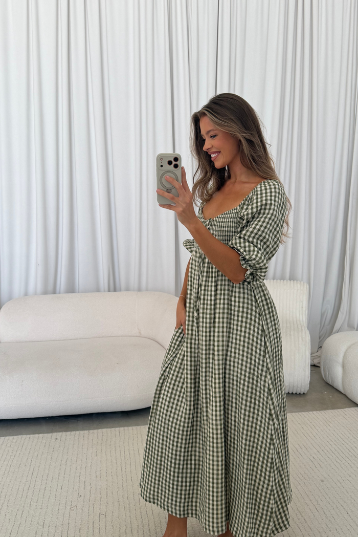 Cecilia 100% Cotton Smocked Maxi Dress in Olive Green Plaid - Bump Friendly *8/28 PRE-ORDER*