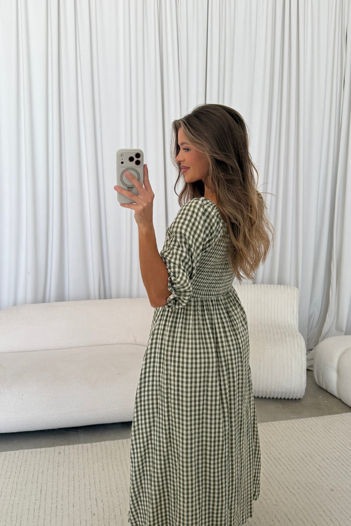 Cecilia 100% Cotton Smocked Maxi Dress in Olive Green Plaid - Bump Friendly *8/28 PRE-ORDER*