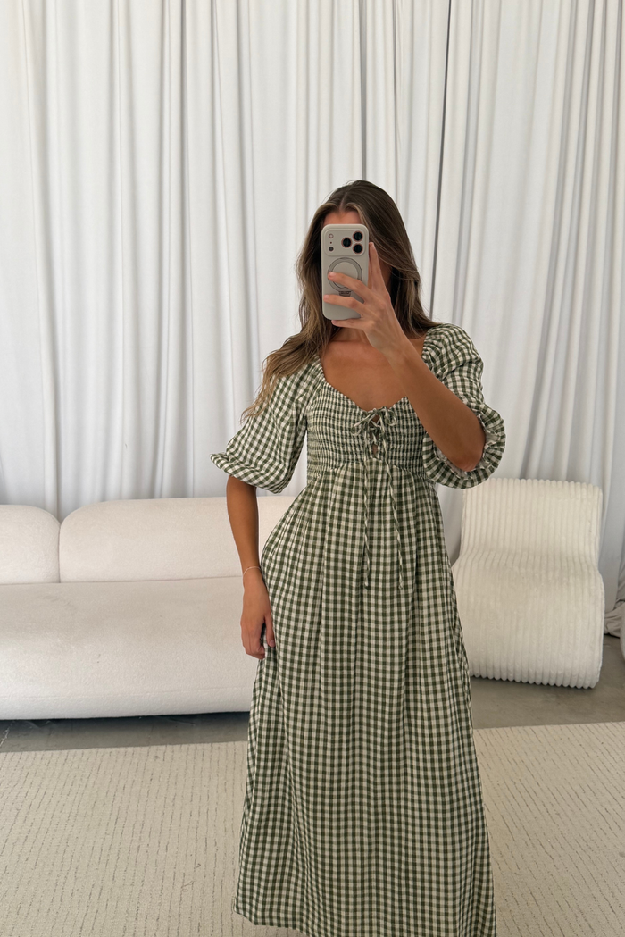 Cecilia 100% Cotton Smocked Maxi Dress in Olive Green Plaid - Bump Friendly *8/28 PRE-ORDER*