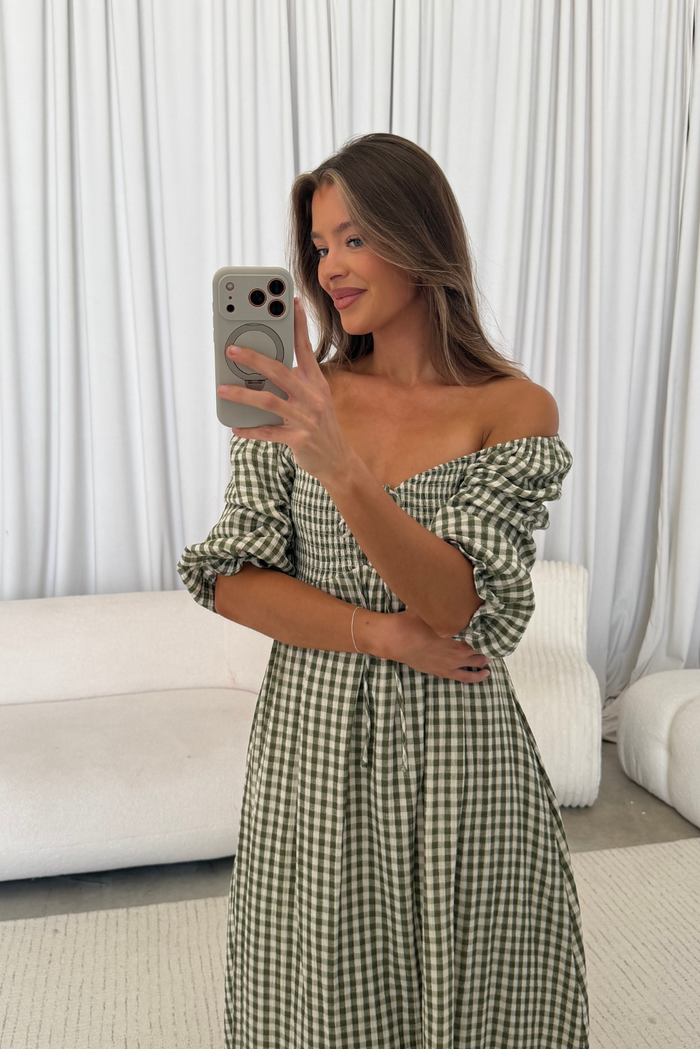 Cecilia 100% Cotton Smocked Maxi Dress in Olive Green Plaid - Bump Friendly *8/28 PRE-ORDER*
