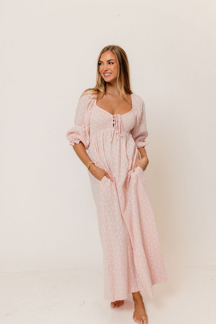 Cecilia 100% Cotton Smocked Maxi Dress in Pale Pink Foliage - Bump Friendly