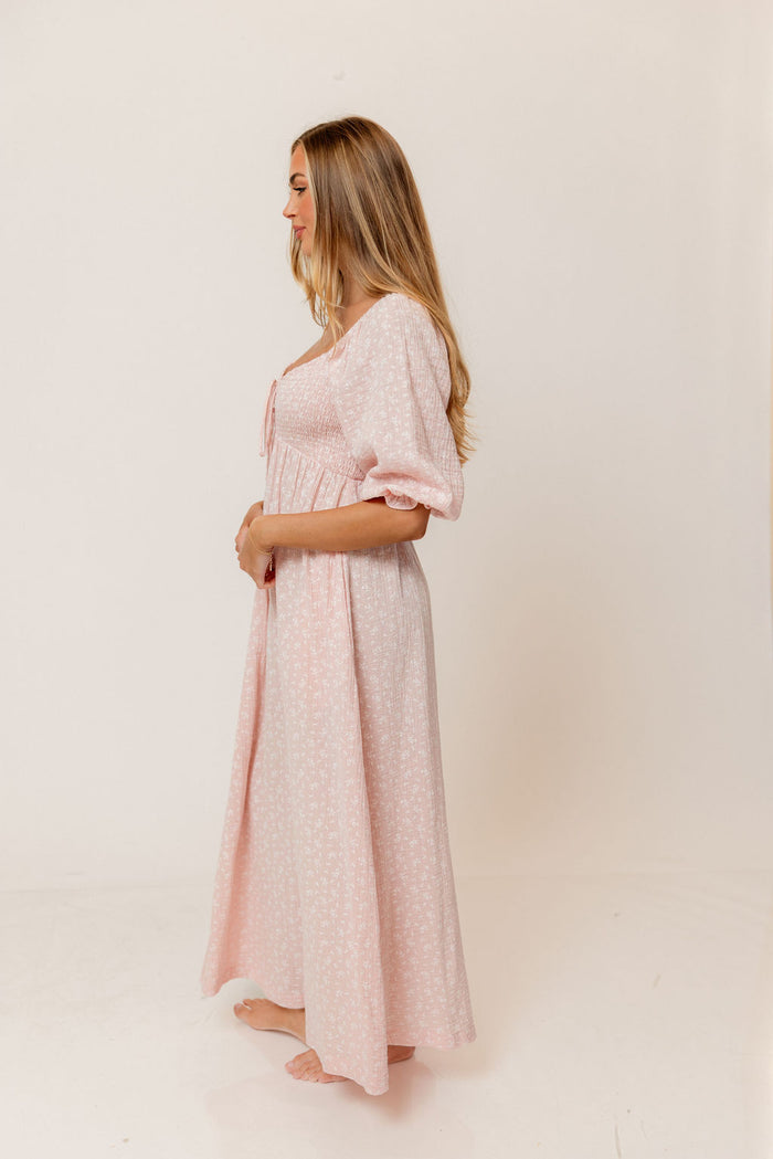 Cecilia 100% Cotton Smocked Maxi Dress in Pale Pink Foliage - Bump Friendly