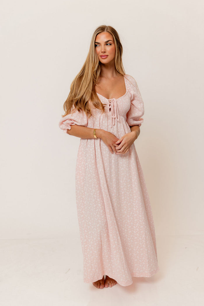 Cecilia 100% Cotton Smocked Maxi Dress in Pale Pink Foliage - Bump Friendly