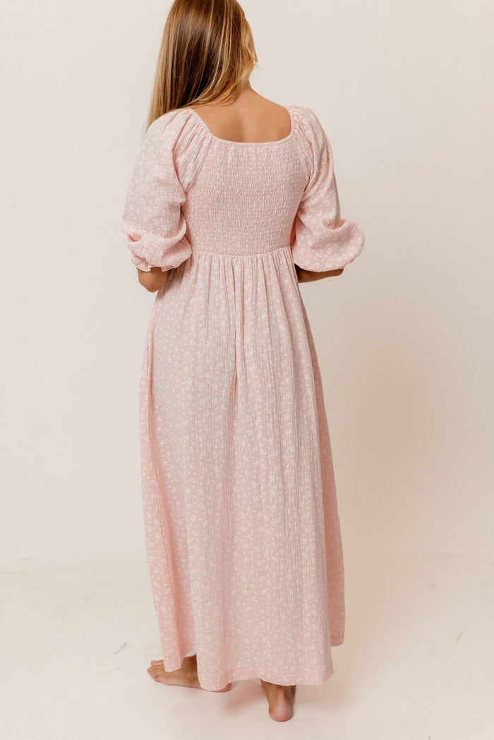 Cecilia 100% Cotton Smocked Maxi Dress in Pale Pink Foliage - Bump Friendly