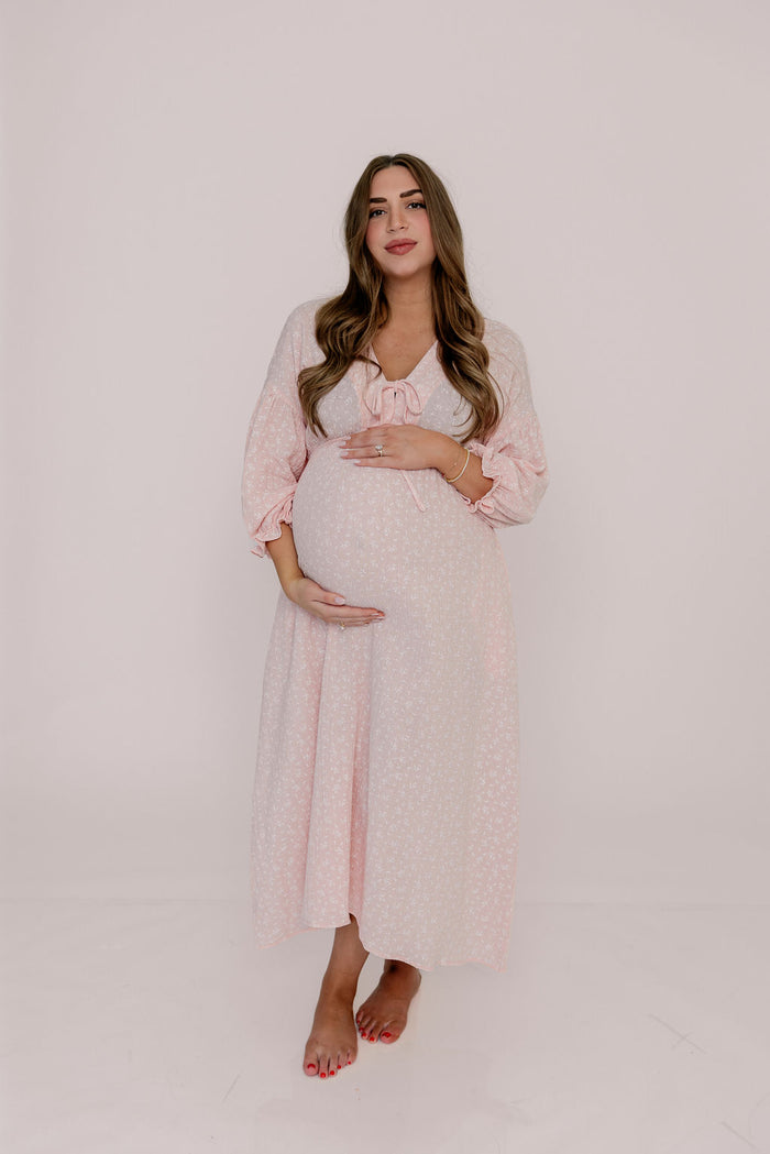Cecilia 100% Cotton Smocked Maxi Dress in Pale Pink Foliage - Bump Friendly