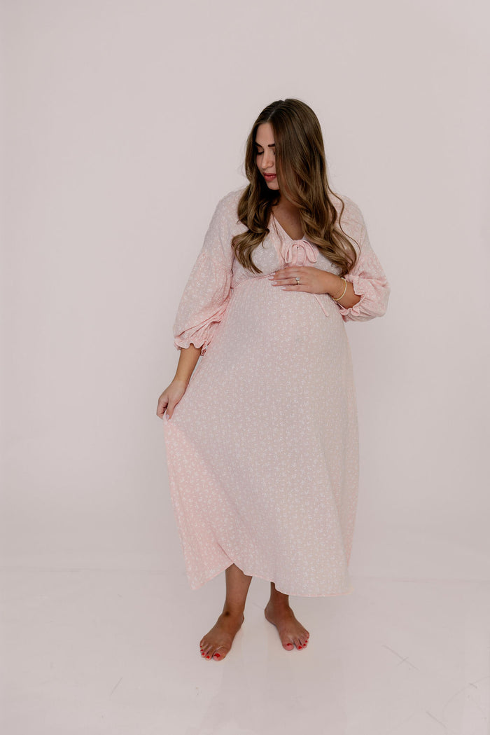 Cecilia 100% Cotton Smocked Maxi Dress in Pale Pink Foliage - Bump Friendly