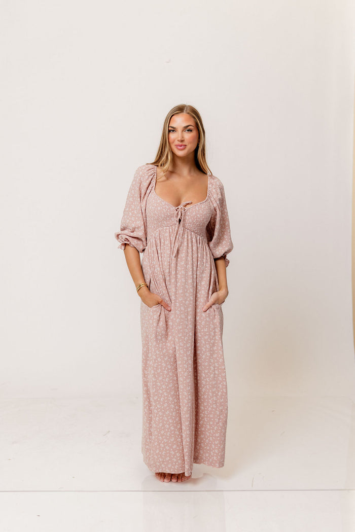 Cecilia 100% Cotton Smocked Maxi Dress in Rose Foliage - Bump Friendly