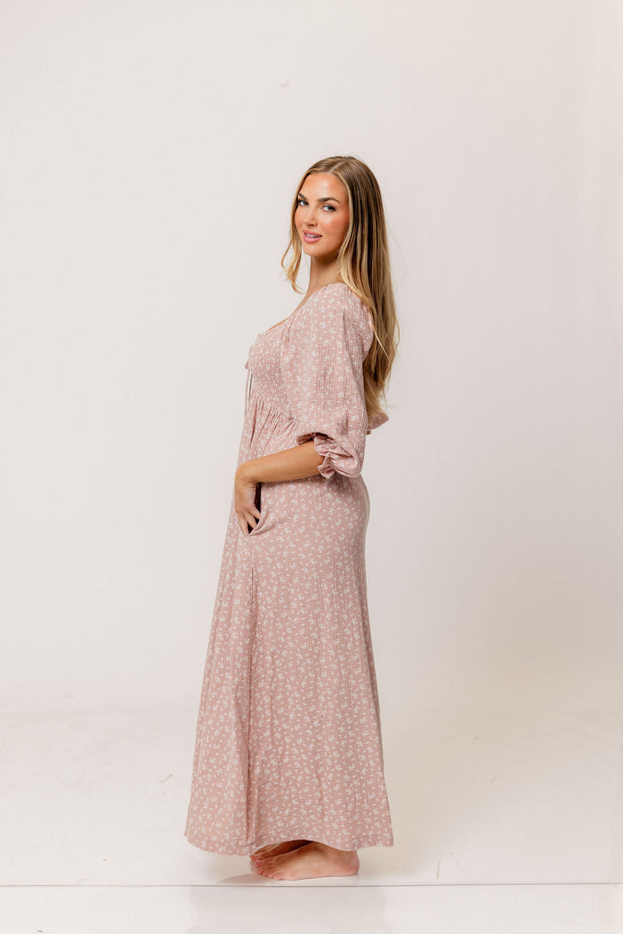 Cecilia 100% Cotton Smocked Maxi Dress in Rose Foliage - Bump Friendly