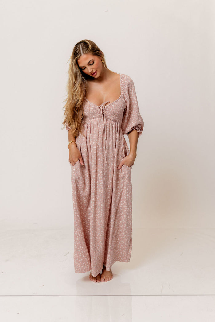 Cecilia 100% Cotton Smocked Maxi Dress in Rose Foliage - Bump Friendly