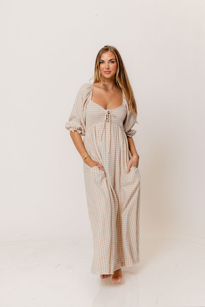 Cecilia 100% Cotton Smocked Maxi Dress in Rose Plaid (Lined) - Bump Friendly