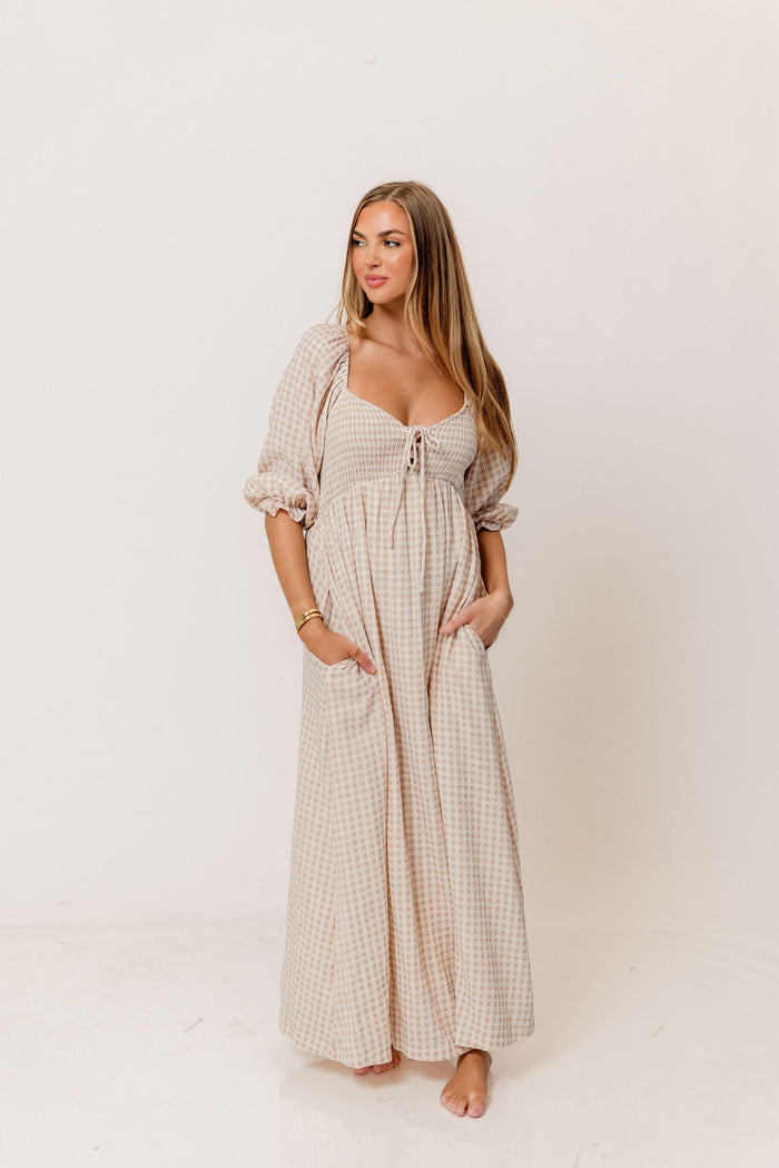 Cecilia 100% Cotton Smocked Maxi Dress in Rose Plaid (Lined) - Bump Friendly