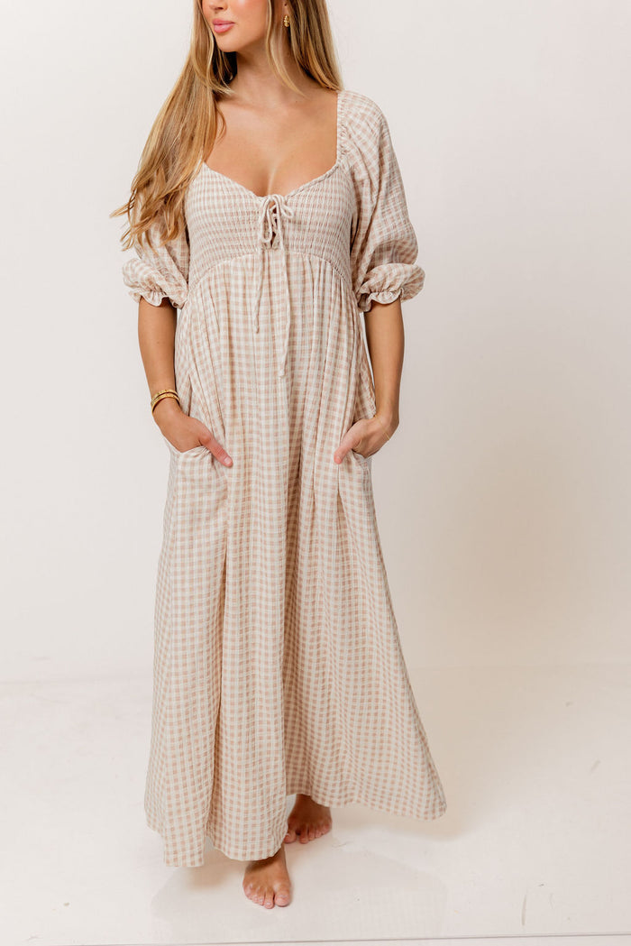 Cecilia 100% Cotton Smocked Maxi Dress in Rose Plaid (Lined) - Bump Friendly