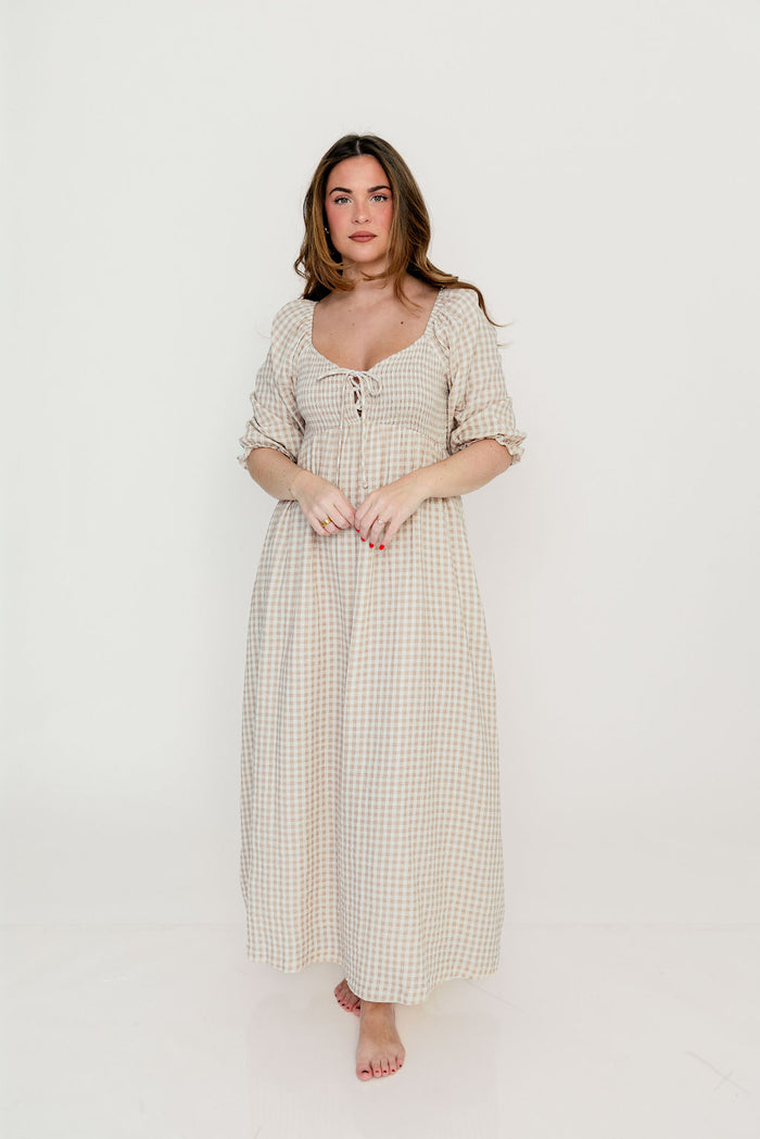 Cecilia 100% Cotton Smocked Maxi Dress in Rose Plaid (Lined) - Bump Friendly
