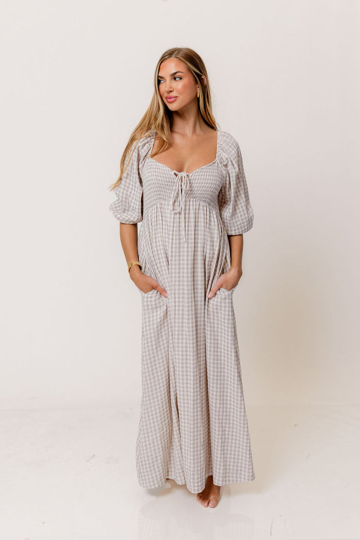 Cecilia 100% Cotton Smocked Maxi Dress in Wisteria Plaid (Lined) - Bump Friendly