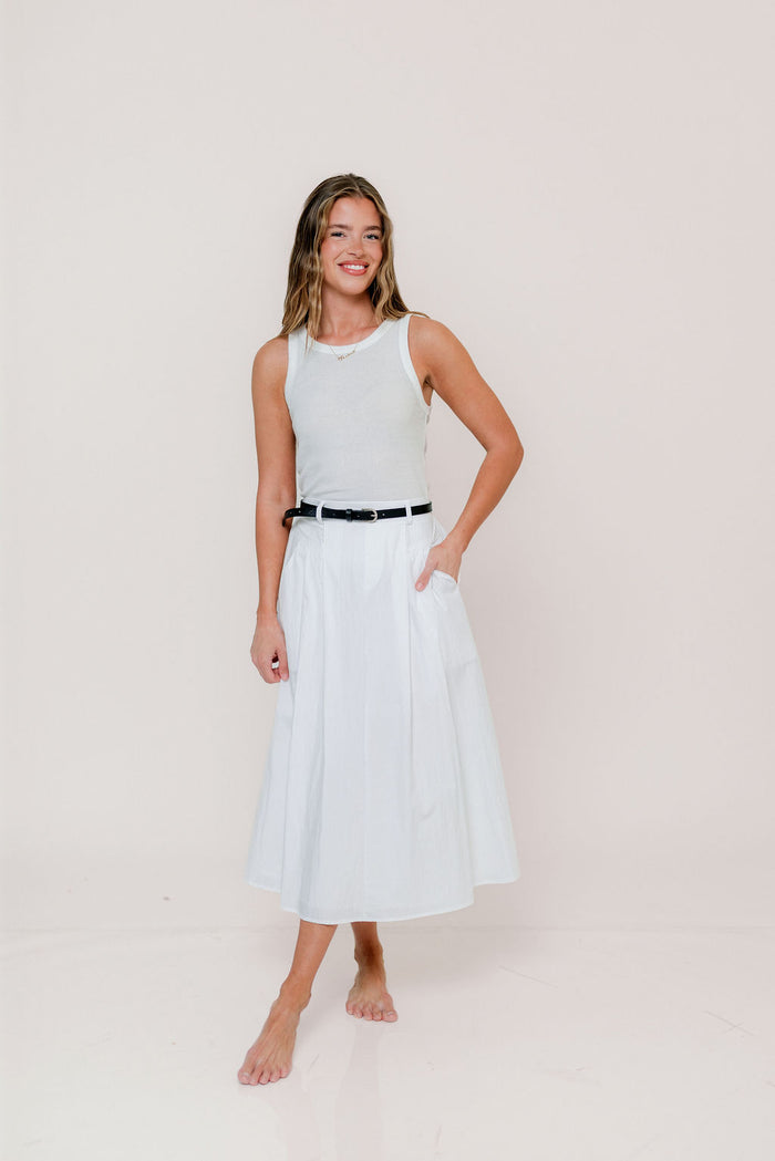 Central Park Midi Skirt with Belt in White *Final Sale*
