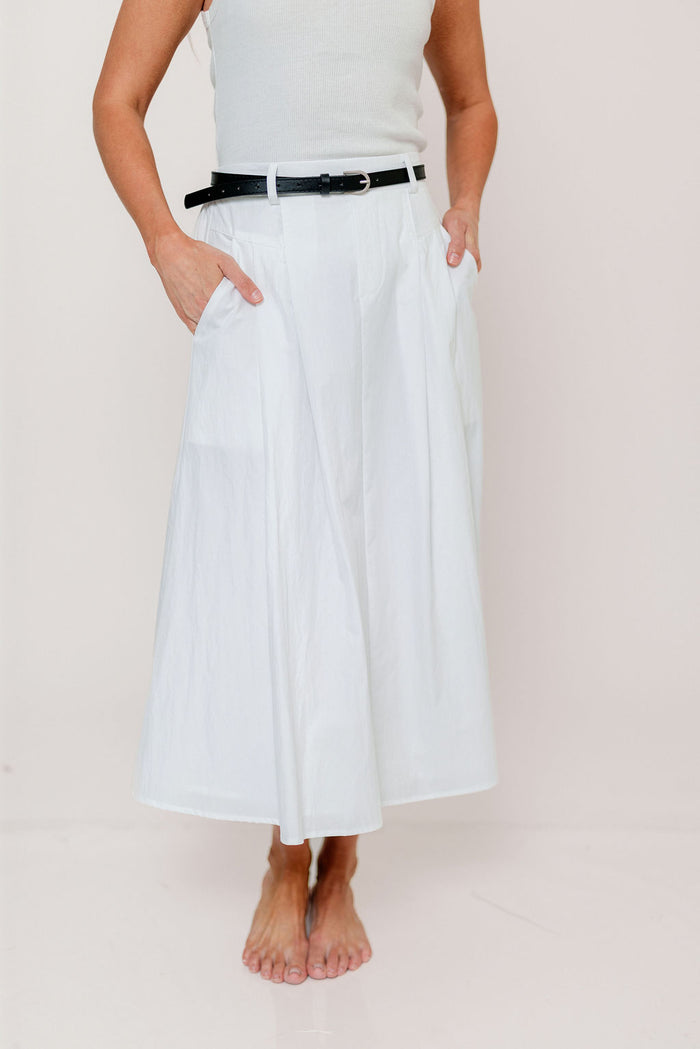 Central Park Midi Skirt with Belt in White *Final Sale*