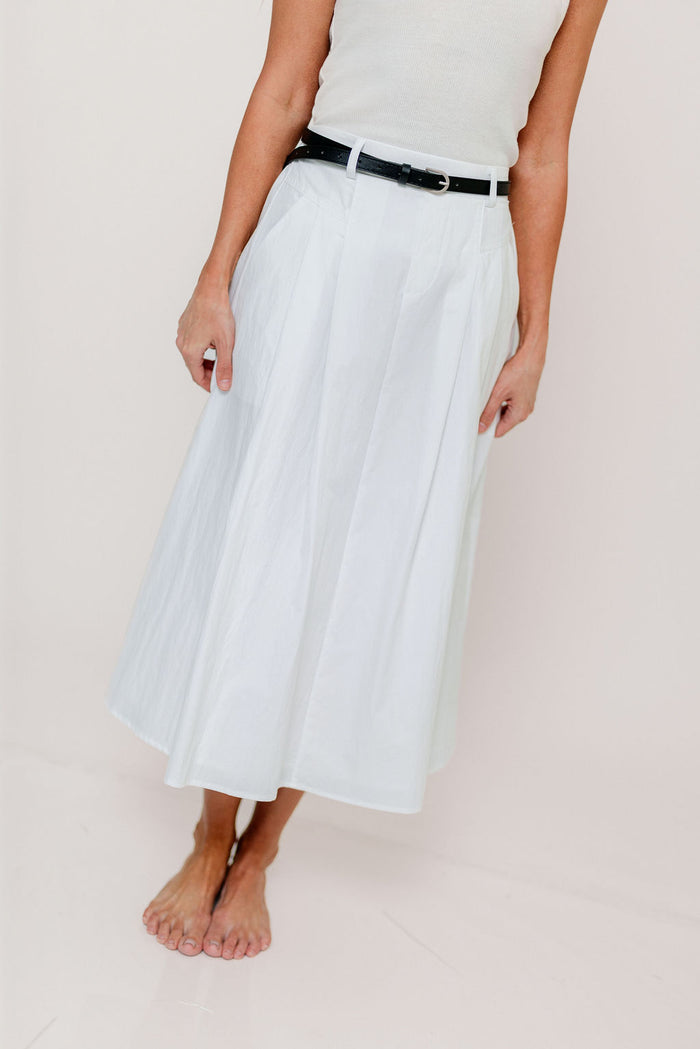 Central Park Midi Skirt with Belt in White *Final Sale*