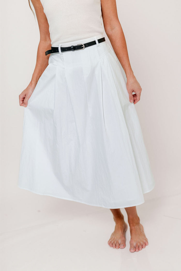 Central Park Midi Skirt with Belt in White *Final Sale*