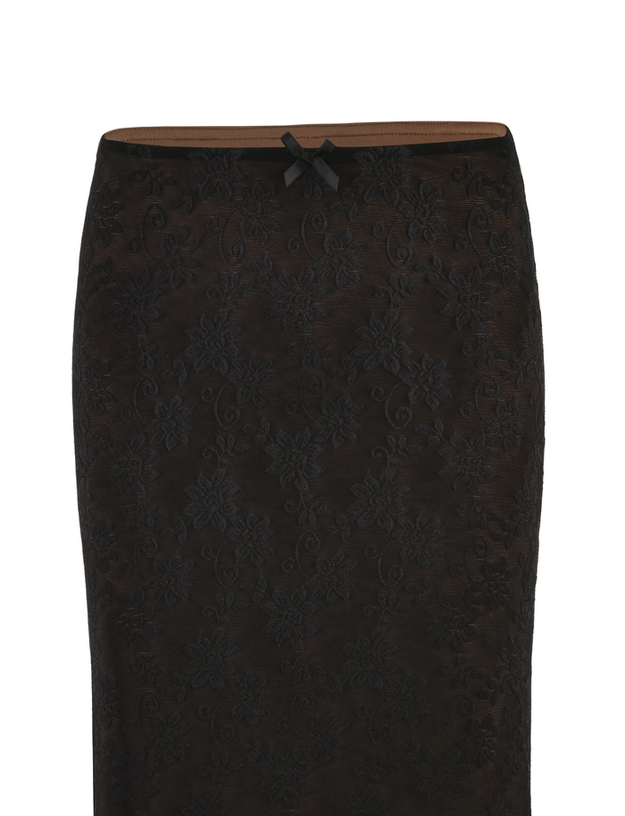 A close-up of the TIGERMIST CHARLEIGH SKIRT - BLACK: LACE, featuring intricate floral lace and a satin bow at the low-rise waist, displayed against a white background.