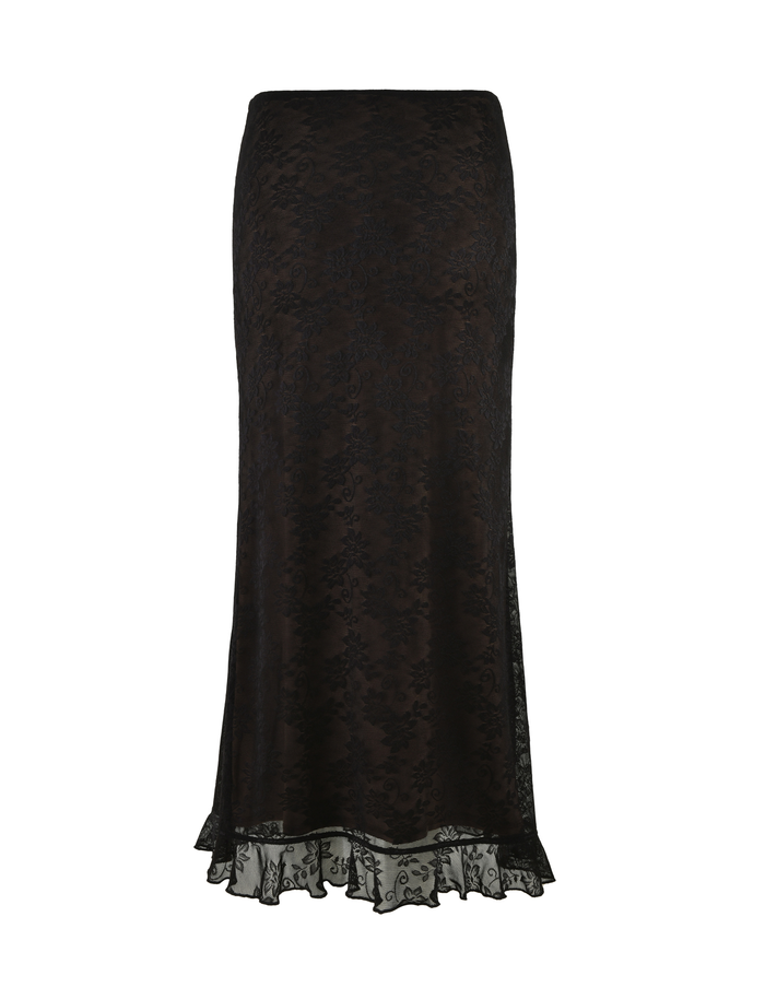 The CHARLEIGH SKIRT - BLACK by TIGERMIST features elegant floral lace, a low-rise waist, and a slightly flared hem with ruffled lace trim. Displayed on a white background.